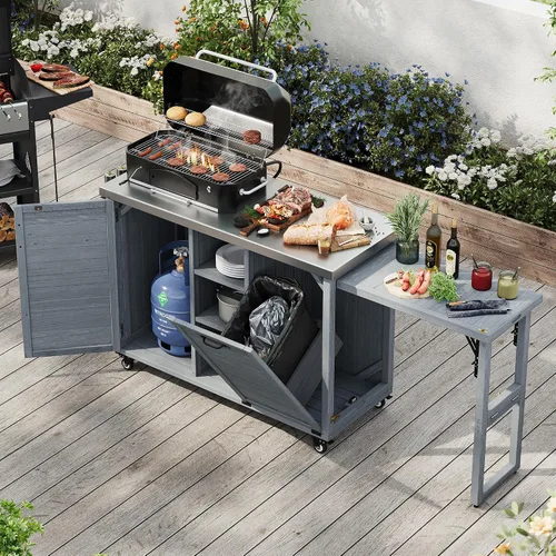 Vista 19 de JIVOIT Isla de cocina al aire libre de 78.3 pulgadas con mesa plegable, carrito de madera para exteriores con almacenamiento de basura y parte