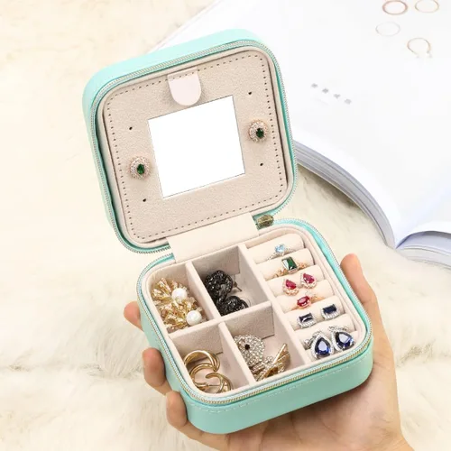 Vista 2 de TRODANCE Estuche de viaje de joyería con espejo pequeño organizador de joyas de viaje mini organizador de almacenamiento portátil para anillos
