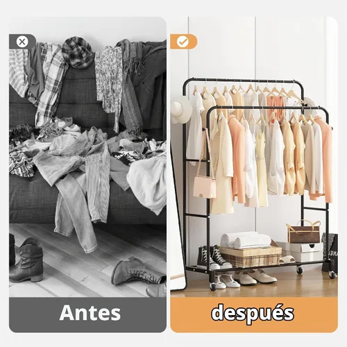 Vista 3 de Sooyee - Perchero de doble varilla con ruedas, 3 niveles, color negro Percheros metálicos para colgar ropa, portátiles, 4 ganchos