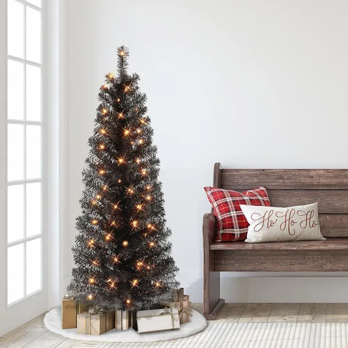 Vista 3 de Árbol de oropel negro preiluminado de 4.5 pies, 160 puntas, 70 luces incandescentes transparentes UL