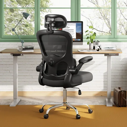 Vista 2 de DEVAISE Silla de escritorio ergonómica de malla, soporte lumbar ajustable separado, cojín grande, reposabrazos abatibles, inclinación oscilante