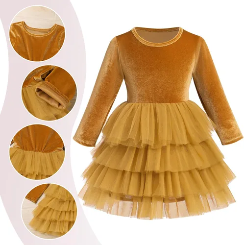 Vista 6 de Vestido de tutú de tul escalonado de terciopelo de manga larga para otoño e invierno para niñas y niñas