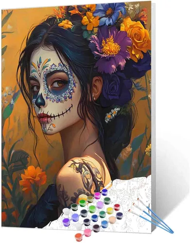 Vista 24 de Tucocoo Decoración del Día de los Muertos, pintura por números, esqueleto para parejas, pintura por números sobre lienzo con pinceles y pigmento