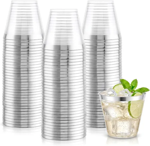 Vista 10 de Hioasis 100 vasos de plástico transparente de 9 onzas con ribete dorado, vasos desechables de plástico, resistentes y sin BPA para fiestas, bodas