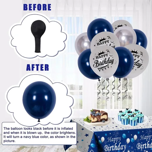 Vista 6 de Decoraciones de cumpleaños azules y plateadas, decoraciones de fiesta de cumpleaños para hombres, niños, mujeres y niñas, con pancarta de feliz