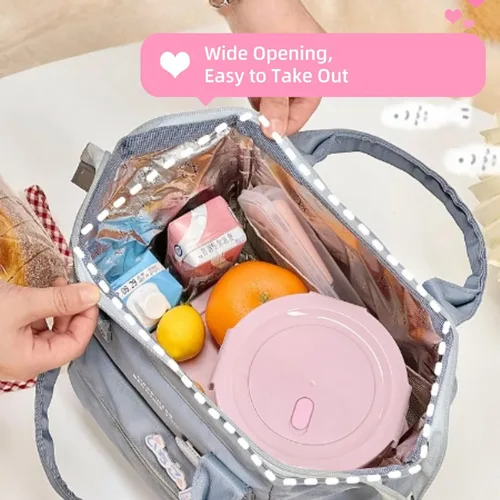 Vista 3 de Lonchera Kawaii con pines kawaii, bonita bolsa de almuerzo estética para mujeres y niñas, bolsa grande con insulto, suministros escolares kawaii Azul