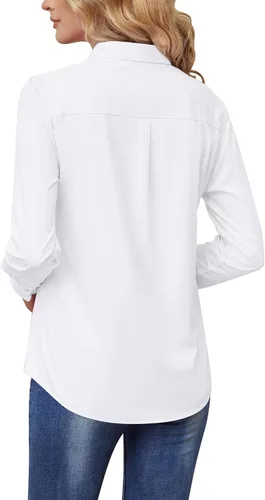 Vista 3 de Camisas con botones para mujer, sin arrugas, de manga larga, elásticas, para negocios, oficina, formal, blusas de trabajo