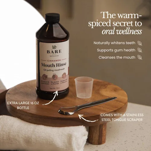 Vista 3 de Bare Botanics Aceite para dientes y encías (canela) 16 onzas – Enjuague bucal natural para blanquear y respirar más fresco – Salud oral diaria libre