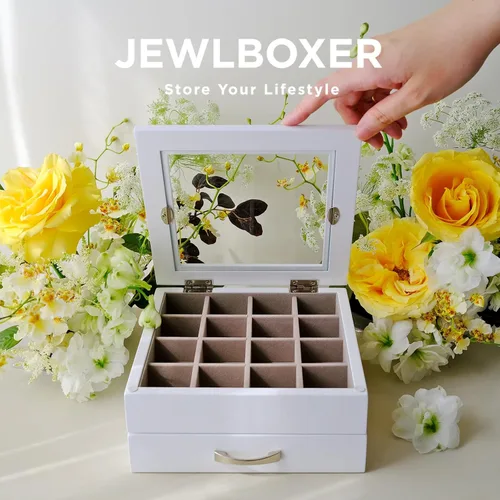 Vista 5 de JEWLBOXER Organizador de joyas Joyero de madera con parte superior de cristal para mujer, caja de regalo, pulseras, anillo, collar y organizador