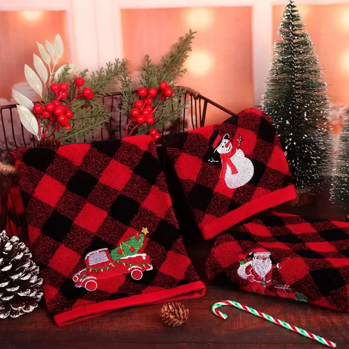 Vista 4 de MCEAST Paquete de 3 toallas de mano navideñas de 14 x 25 pulgadas, toallas de algodón bordadas, toallas de baño navideñas rojas y negras a cuadros