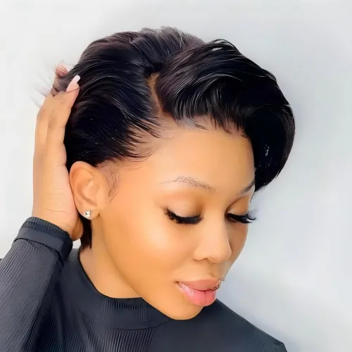 Vista 3 de Peluca de cabello humano corto con encaje frontal para mujeres negras, peluca de corte Pixie, peluca de encaje previamente despuntada en T