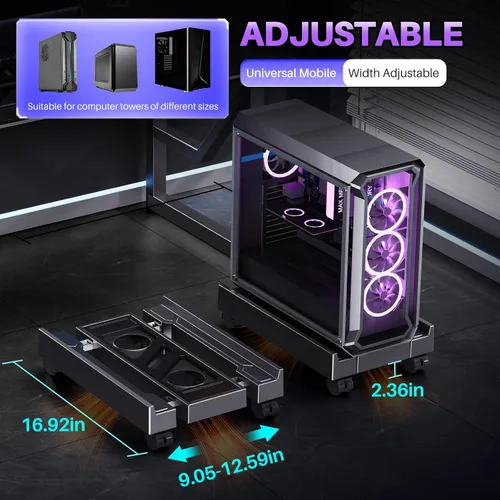 Vista 2 de Soporte de torre ajustable para computadora, soporte de PC ventilado para piso, soporte de CPU móvil con 4 ruedas giratorias que se adapta a