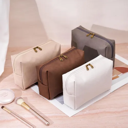 Vista 6 de Bolsa de cosméticos personalizada pequeña pana maquillaje bolsa de viaje organizador de cepillos de almacenamiento, Marrón
