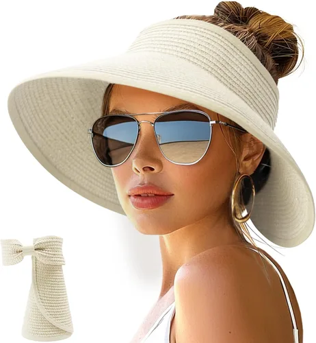 Vista 18 de NPJY Sun Hats for Women Wide Brim Roll-Up Ponytail Packable Straw Visor Blanco