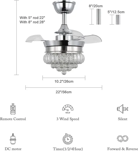 Vista 7 de Ventilador de techo LED de cristal de 22 pulgadas con luz, lámparas pequeñas regulables de 6 velocidades con temporizador, ventilador Chandeleir
