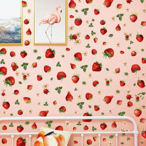 Vista 9 de Calcomanías de pared de flores rosas y hojas verdes, calcomanías de pared extraíbles para jardín para dormitorio y sala de estar
