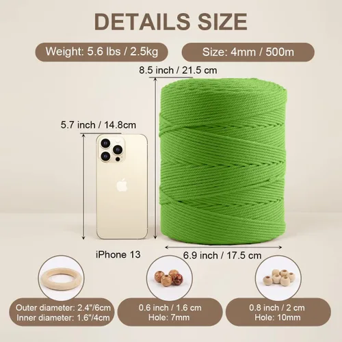 Vista 2 de ZUEXT Cordón de algodón para macramé de 4 mm x 500 m, ZUEXT Cordones trenzados naturales hechos a mano en verde manzana de 4 hebras, cuerda de lana