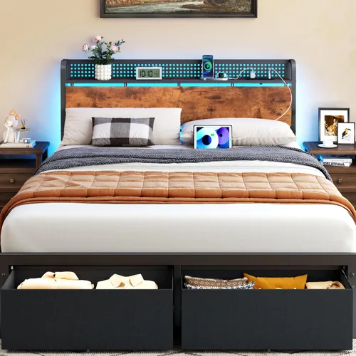 Vista 10 de Furnulem Base de cama de tamaño matrimonial con almacenamiento de cabecero, base de cama de plataforma tamaño matrimonial con 2 cajones, estación