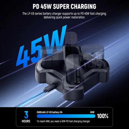 Vista 2 de NEEWER LP-E6/LP-E6N/LP-E6NH/LP-E6P Cargador de batería de cuatro canales con PD 45W carga rápida, cable USB C, cargador Quad USB compatible