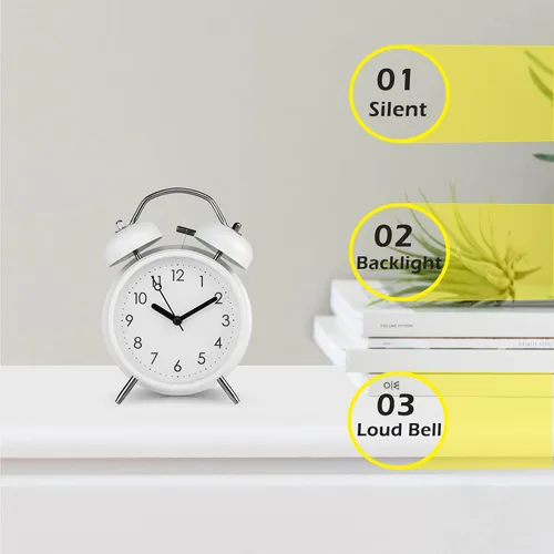 Vista 2 de PILIFE Reloj despertador analógico, 4 pulgadas, súper silencioso, sin tictac, con luz de fondo, sin repetición, funciona con pilas, campana ruidosa