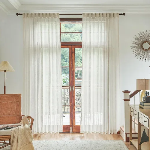 Vista 28 de 2 paneles de cortinas de lino transparente natural de 45 pulgadas, color beige para ventanas pequeñas, bolsillo con pestaña trasera, cortinas cortas