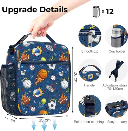 Vista 6 de Clastyle Bolsa de almuerzo deportiva con aislamiento de grafiti para niños, bolsa térmica grande para niños, color azul, picnic, escuela, lonchera