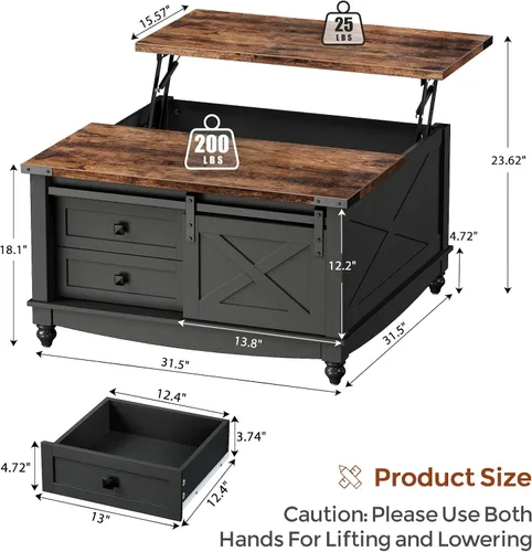 Vista 2 de ALLSTAND Mesa de centro elevable de 31.5 pulgadas con almacenamiento, mesas de centro de granja para sala de estar, mesa de centro cuadrada con gran