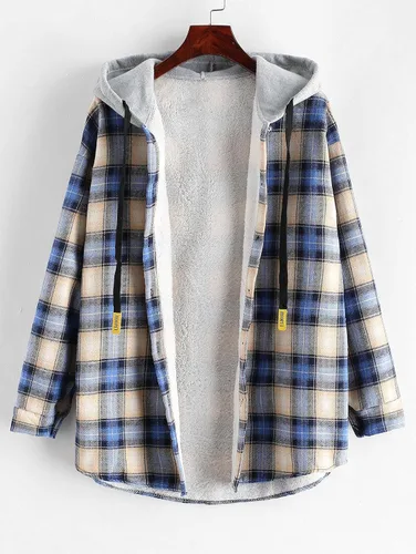 Vista 2 de ZAFUL Women's Plaid Fleece Lined Hooded Jacket Button Up Oversized Fuzzy Coat Checkered Flannel Hoodie Jacket