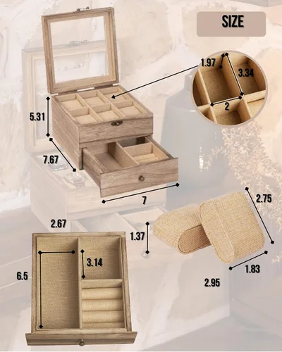 Vista 5 de Caja de reloj, caja de reloj para hombres y mujeres con tapa de vidrio grande, caja de almacenamiento de madera con 2 capas y 6 ranuras, organizador