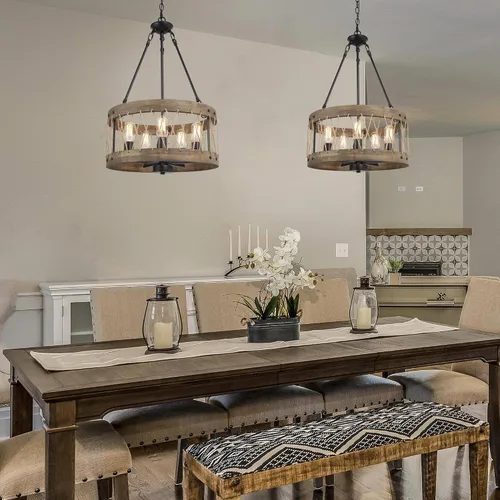 Vista 2 de Candelabros de granja para comedor, lámpara rústica de 5 luces para comedor, lámpara de comedor sobre mesa, candelabros de madera, lámpara colgante