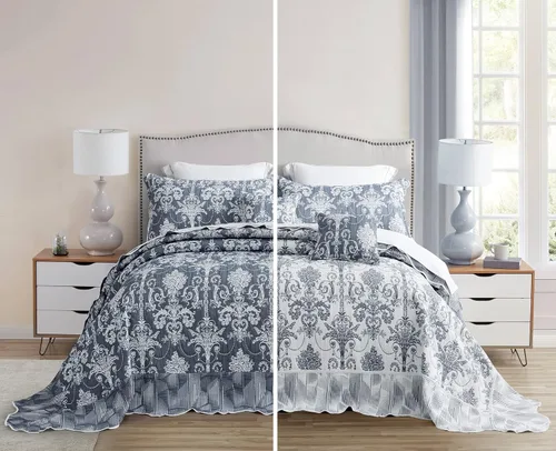 Vista 14 de Edredón extragrande para cama King, diseño de patrón damasco matelasse de jacquard, ligero, reversible, 5 piezas, 100% microfibra, pasta de frijol