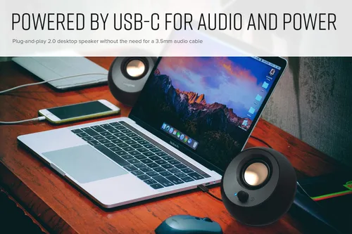 Vista 4 de Creative Pebble V3 Minimalistic 2.0 Altavoces de escritorio USB-C con audio USB, mejora de diálogo claro, Bluetooth 5.0, 8 W RMS con 16 W de Negro