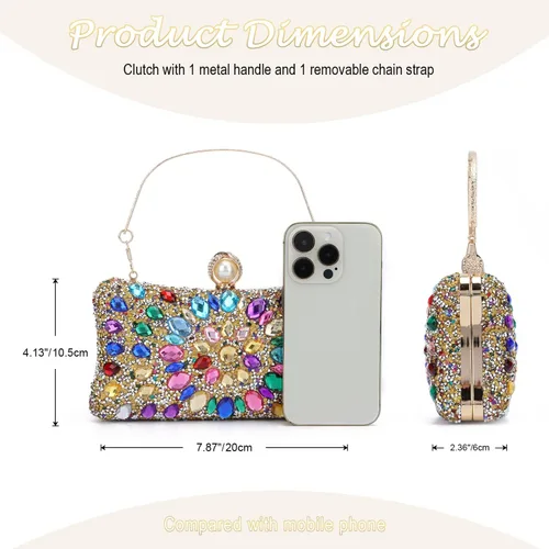 Vista 3 de Lanpet Bolso de noche con diamantes de imitación de cristal multicolor para mujer, bolso de hombro con correa de cadena