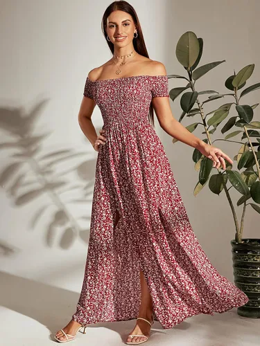 Vista 3 de MakeMeChic Vestido largo de verano con estampado floral bohemio y hombros descubiertos para mujer