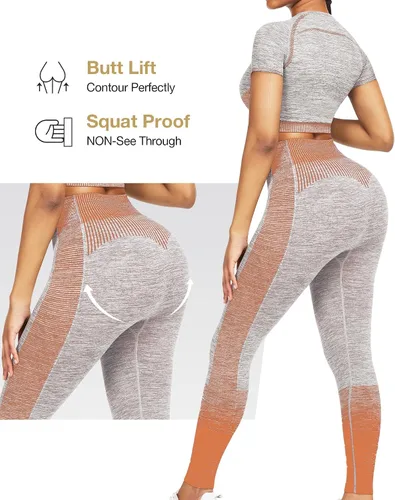 Vista 4 de JOYMODE - Conjunto de entrenamiento para mujer, diseño de 2 piezas con leggings de tiro alto sin costuras y camiseta corta , para yoga