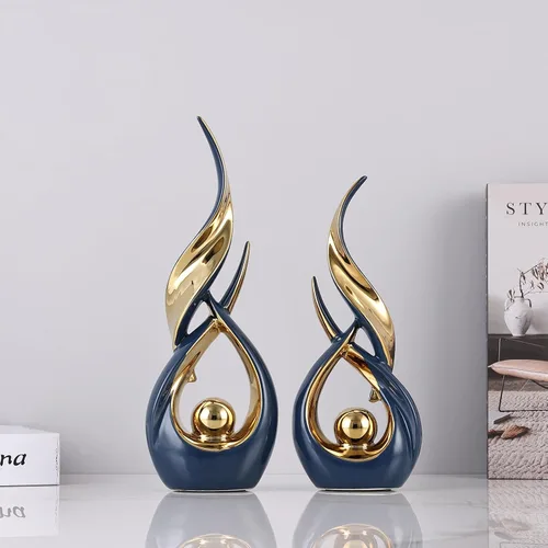 Vista 3 de 2 estatuas de cerámica de oro azul para decoración del hogar, esculturas modernas de arte abstracto, elegantes objetos decorativos de mesa