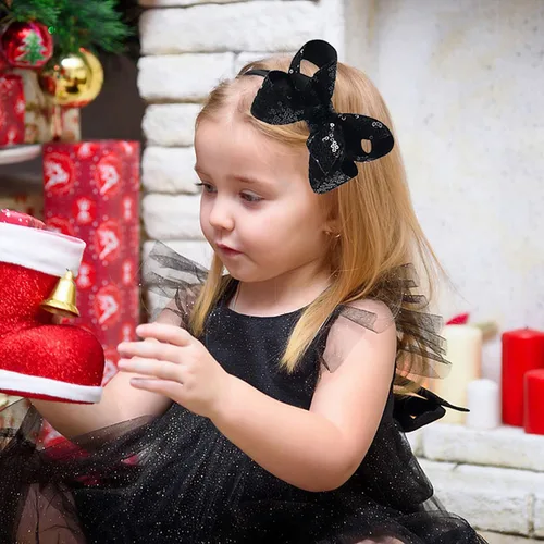 Vista 2 de Diademas con lazo para el pelo con lentejuelas brillantes, lazos de cinta para niñas, niños y mujeres (negro)