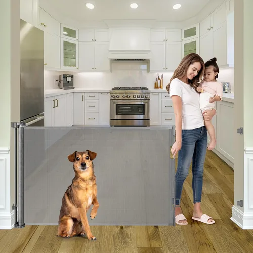 Vista 9 de Puertas retráctiles para bebés para puertas, puerta retráctil para perros de 55 pulgadas de ancho para escaleras, puertas de malla para perros