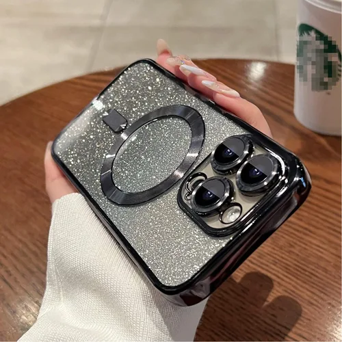 Vista 4 de Misscase Funda magnética compatible con iPhone 14 Pro con purpurina y protector de lente de cámara, protección completa, compatible con MagSafe Negro