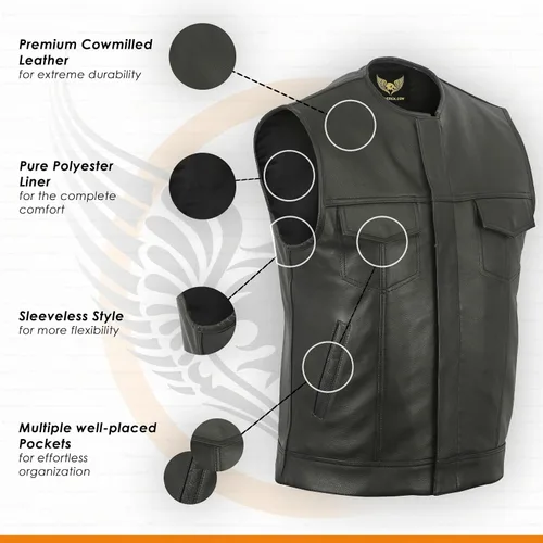 Vista 5 de Leatherick Mens Black Motorcycle Vests - Top Grain Cow Leather SOA Club & Traditional Paisley Satin Liner Leather Biker Vests Negro (sin cuello)