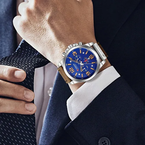 Vista 6 de Reloj de acero inoxidable con correa de cuero, estilo clásico, casual, resistente al agua, cronógrafo, fecha, y cuarzo analógico