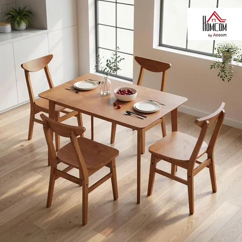 Vista 2 de HOMCOM Juego de mesa de comedor de madera maciza de 5 piezas para 4, mesa de cocina y sillas modernas de granja para espacios pequeños, comedor