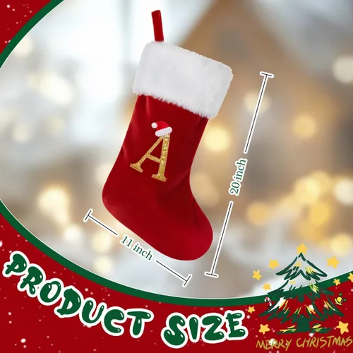 Vista 3 de Calcetines de Navidad personalizados con monograma, con inicial familiar, 20 pulgadas, puño de felpa blanca supersuave con cuerpo de terciopelo rojo