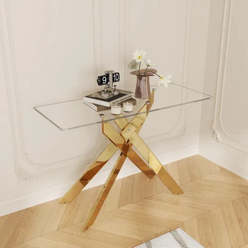 Vista 14 de Mesa de centro de cristal de 47 pulgadas con parte superior de vidrio templado y patas de metal dorado, mesa central rectangular moderna para sala