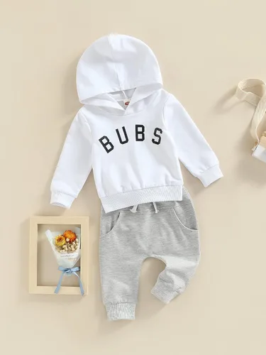 Vista 2 de VISGOGO Conjunto de ropa de otoño e invierno para bebé niño, sudadera de manga larga con estampado de letras + pantalones, 2 piezas