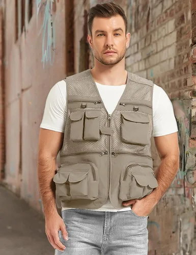 Vista 8 de Chaleco Flygo para hombre, para pesca, trabajo, safari, viaje de reportajes o para actividades al aire libre en verano, con bolsillos