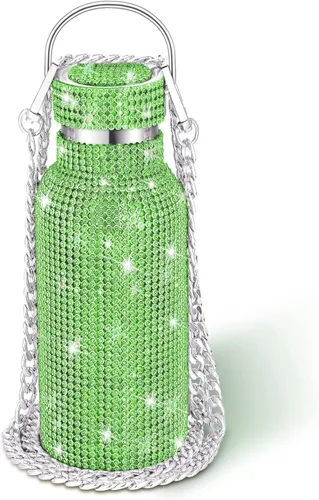 Vista 17 de Geiserailie Botella de agua con diamantes de imitación de acero inoxidable, térmica, recargable, aislada, con cadena, para mujeres y niñas
