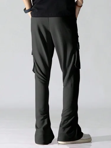 Vista 2 de GORGLITTER Pantalones cargo para hombre con cordón en la cintura, pantalones deportivos apilados Y2K con bolsillos con solapa y pierna ancha
