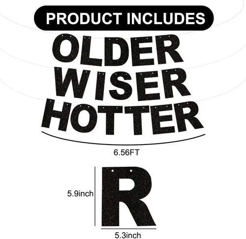 Vista 2 de BEISHIDA Cartel negro con purpurina Older Wiser Hotter – No DIY – Cartel de cumpleaños pre-encordado para mujeres 40, 50, 60, 70, 80, divertido