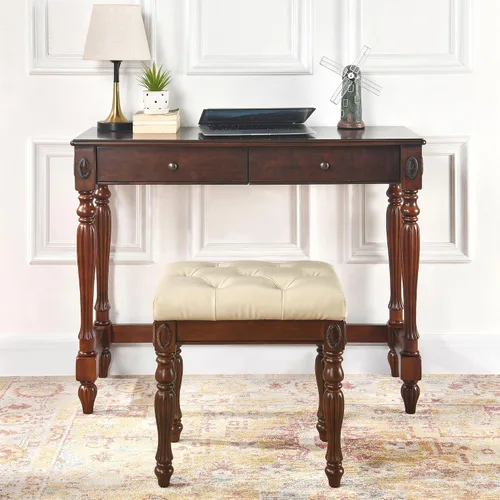 Vista 7 de Taburete de tocador con asiento tapizado, banco de piano con patas talladas de madera maciza, cojín acolchado para sillas de hogar, banco de tocador